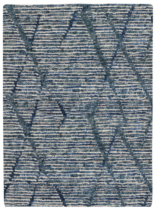 Blue and ivory textured woven rug with geometric diamond pattern and loop pile.