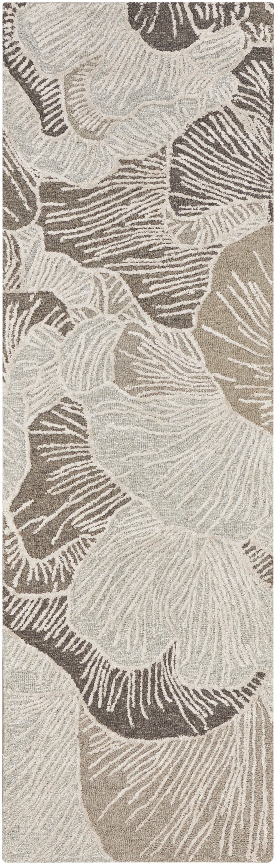 Vertical beige rug featuring cream and taupe large floral motifs with a textured linen-like surface.