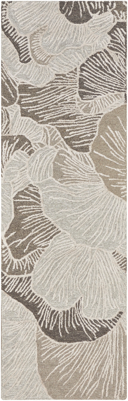 Vertical beige rug featuring cream and taupe large floral motifs with a textured linen-like surface.