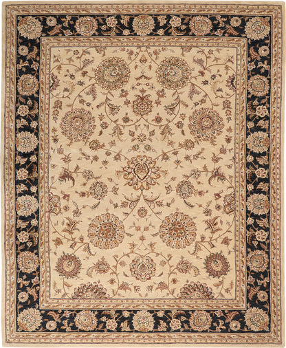 Persian-style beige area rug with an ivory center, ornate floral medallions, and a dark navy border.