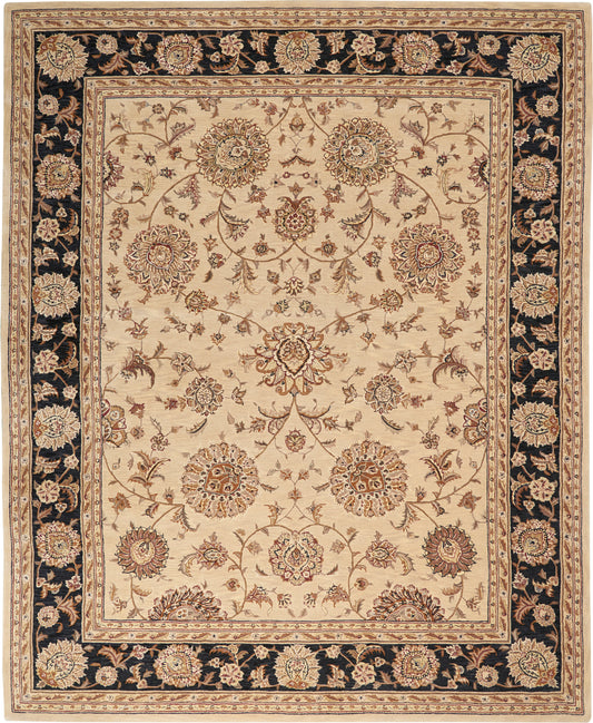 Persian-style beige area rug with an ivory center, ornate floral medallions, and a dark navy border.
