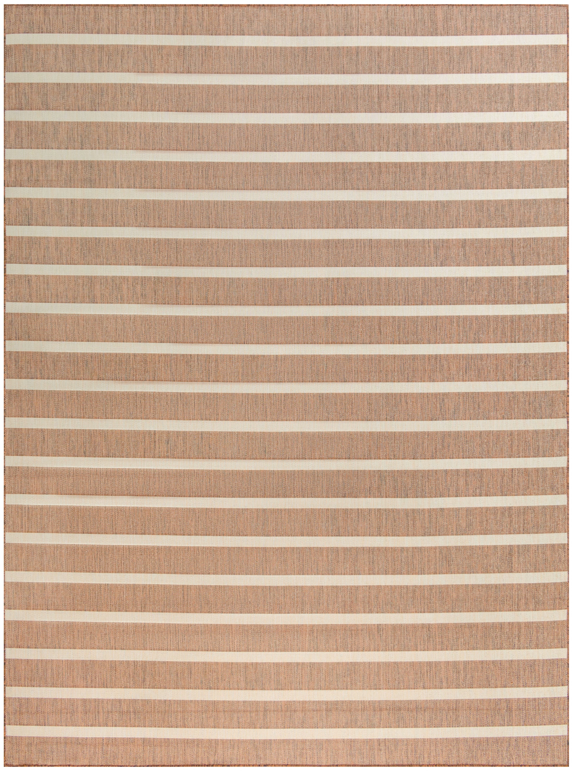 Brown-beige flat-weave rug with wide cream horizontal stripes; contemporary striped design for living spaces.