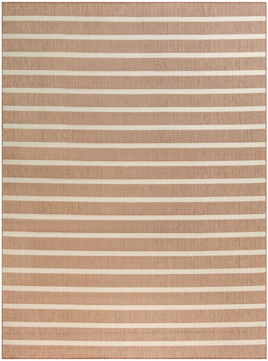 Brown-beige flat-weave rug with wide cream horizontal stripes; contemporary striped design for living spaces.