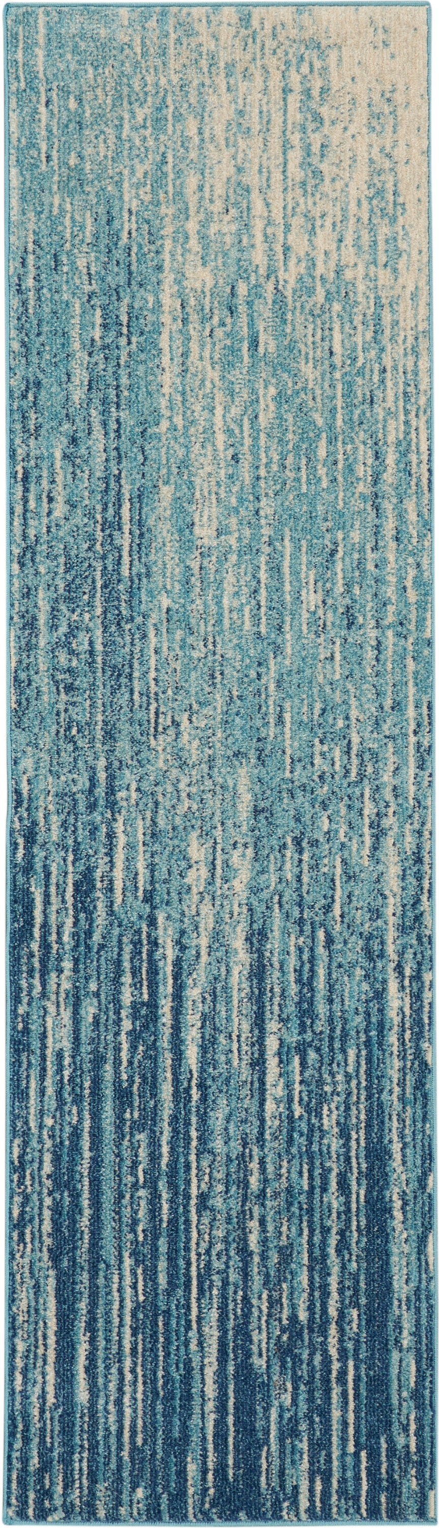 Rectangular teal-blue runner rug with vertical striped abstract pattern; soft plush pile, modern decor accent.