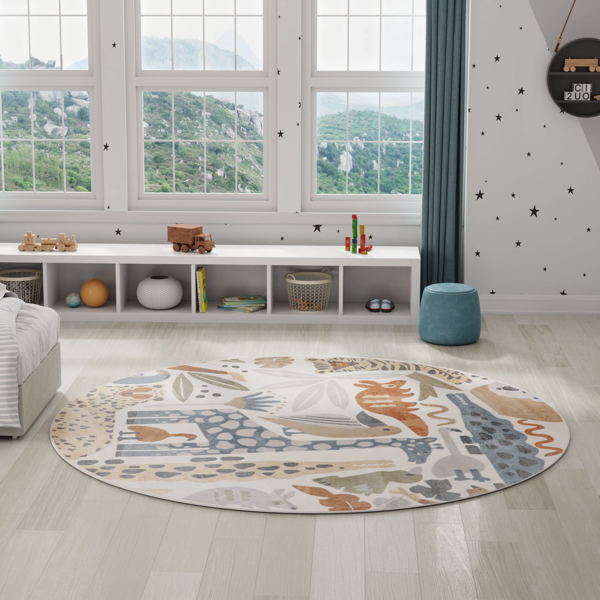 Round pastel area rug with a playful dinosaur pattern in teal, orange, beige; kids' room/playroom decor.
