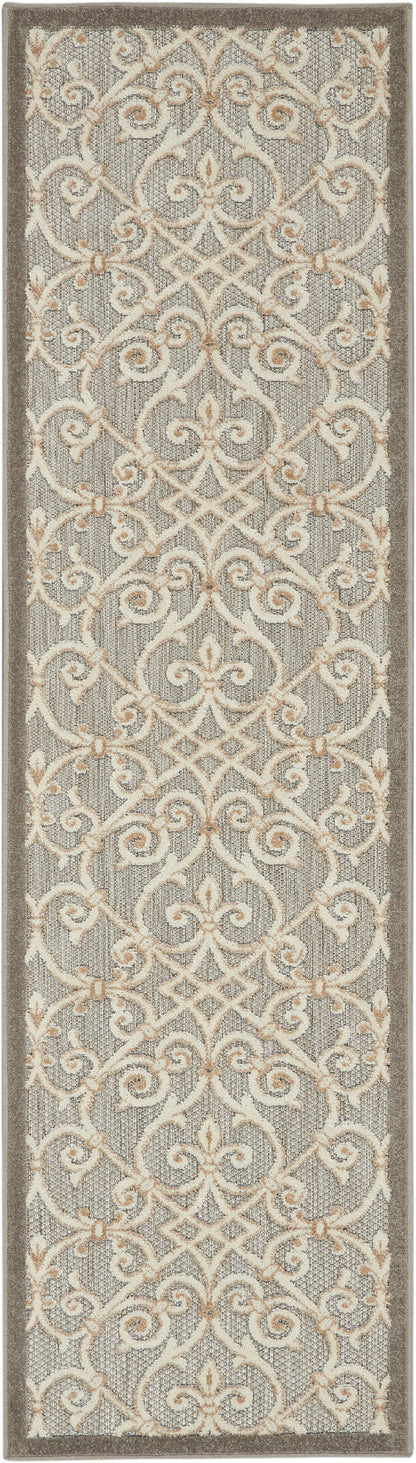 Gray runner rug with cream-beige ornate scrollwork damask pattern and dark brown border.