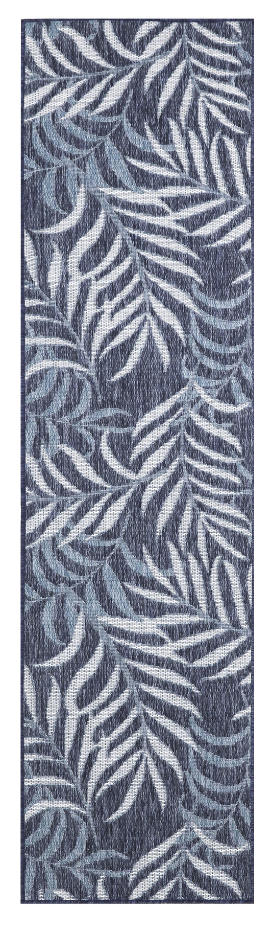 Narrow blue runner rug with white palm leaf pattern; soft woven textile for hallways or doorways.