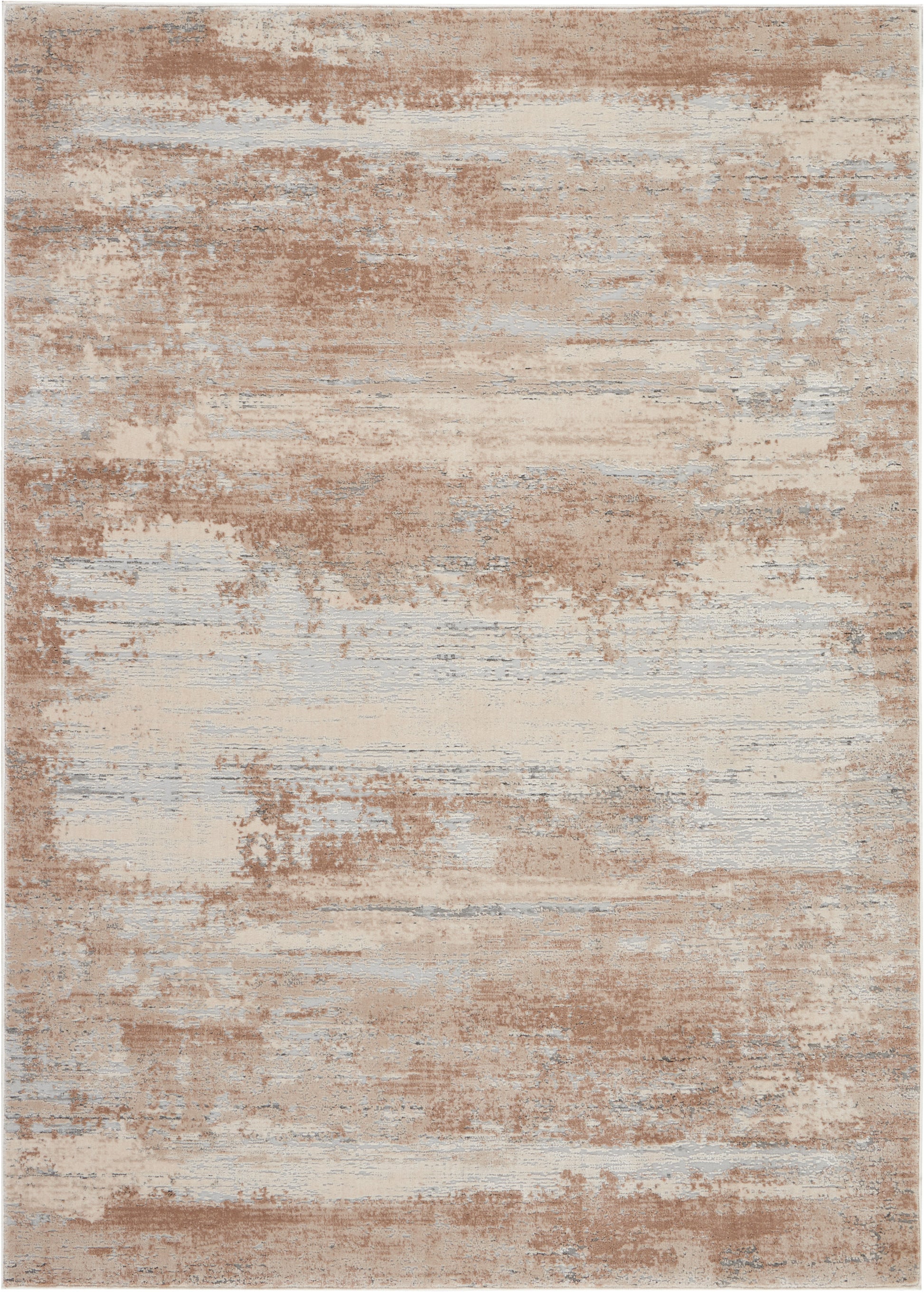 Rectangular abstract distressed area rug in beige, tan and pale blue-gray tones; modern, versatile floor decor.