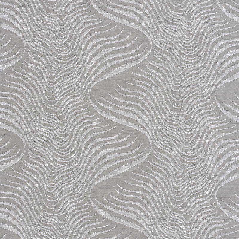 Taupe and cream zebra-style wavy stripe wallpaper with organic, flowing lines.