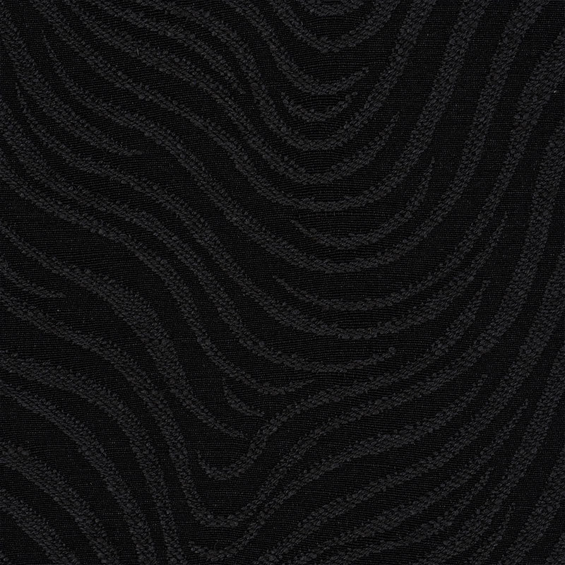 Black fabric with subtle raised wavy pattern and velvety sheen; ideal for upholstery or evening wear.