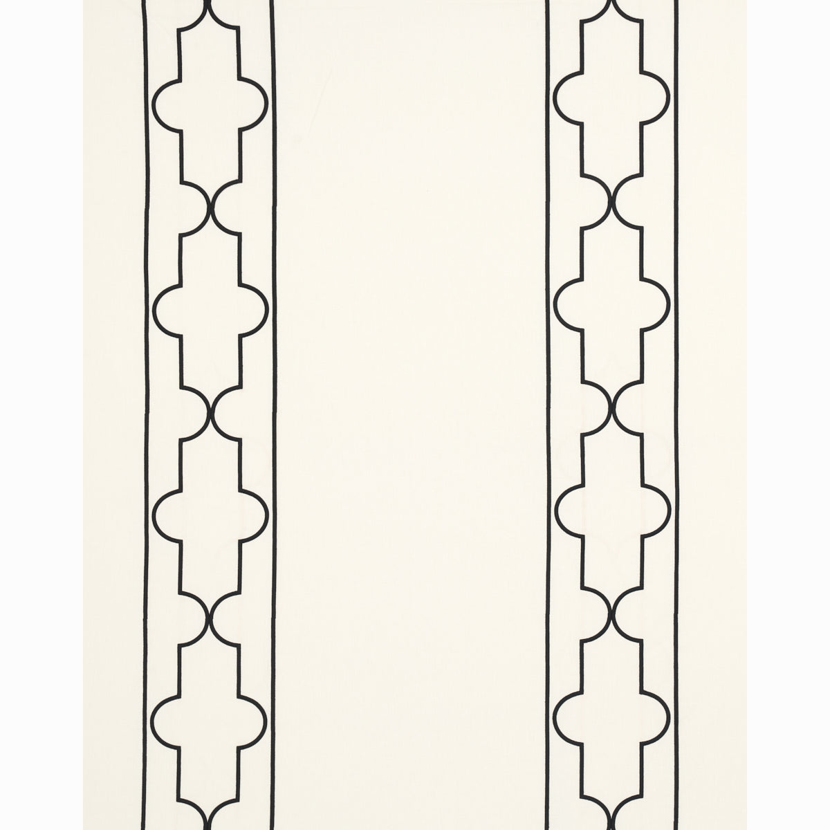 Cream wallpaper with black vertical borders featuring a connected rounded quatrefoil lattice on both sides.