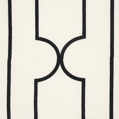 Cream textile with bold black vertical lines and mirrored curved arches forming a geometric motif.