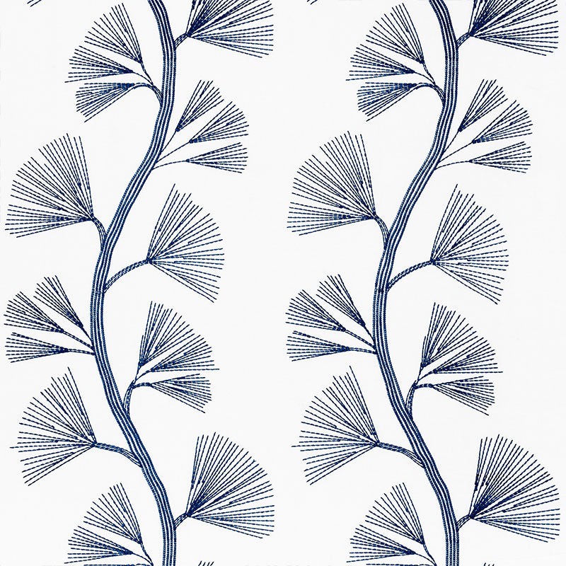 Blue botanical print with repeating fan-shaped leaves along slender stems; decorative wallpaper or textile pattern.