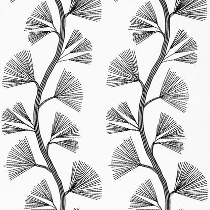 Black fan-leaf botanical wallpaper pattern on white background with repeating vertical stems.