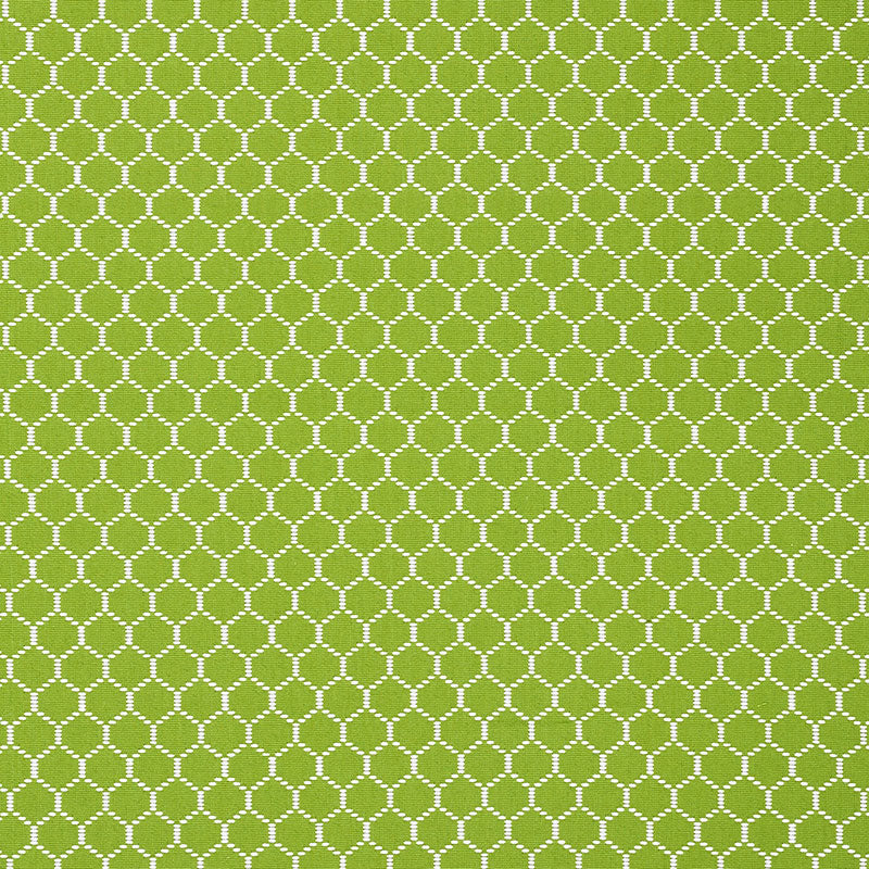 Olive-green fabric with a repeating white dotted circle lattice pattern.