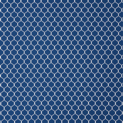 Blue fabric with a white circular lattice pattern; small white circles form a repeating geometric print.