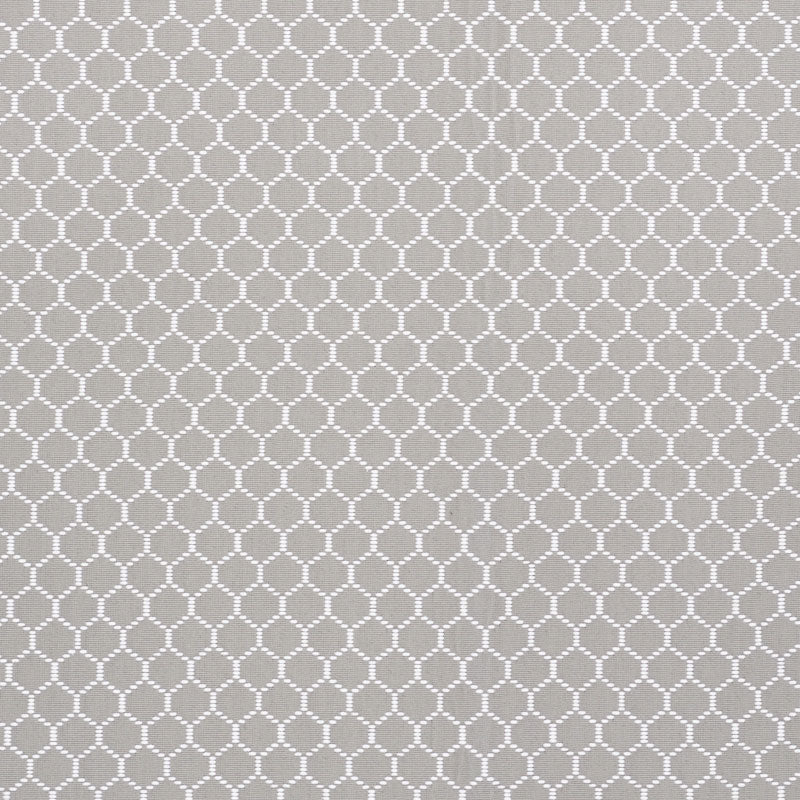 Gray fabric with white circular lattice pattern; geometric, airy textile for curtains or upholstery.