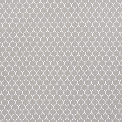 Gray fabric with white circular lattice pattern; geometric, airy textile for curtains or upholstery.