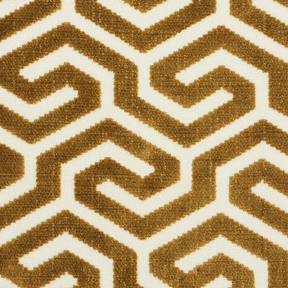 Gold metallic Greek-key geometric pattern on white textile; bold rug or upholstery fabric.