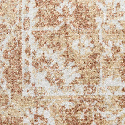 Beige, tan and cream distressed area rug with geometric border and plush pile.