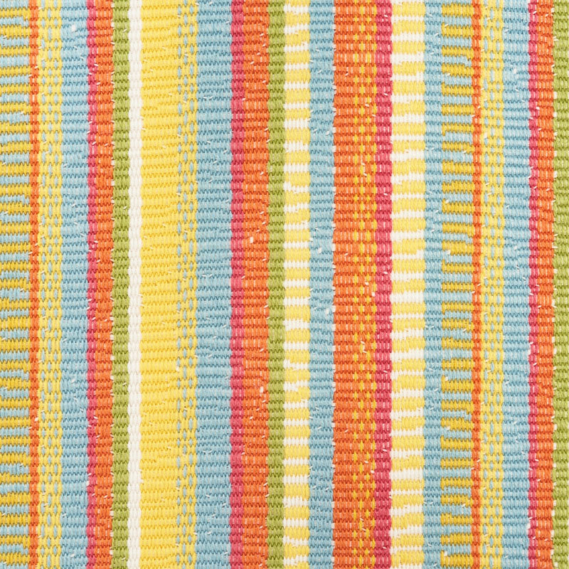 Colorful striped woven textile with vertical pastel stripes in yellow, blue, orange, pink and green.
