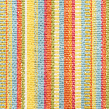 Colorful striped woven textile with vertical pastel stripes in yellow, blue, orange, pink and green.
