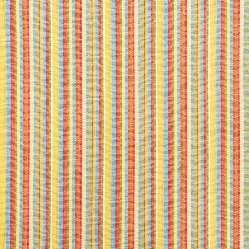 Colorful vertical striped fabric with thin multicolor lines in yellow, orange, red, blue, teal; textile for decor.