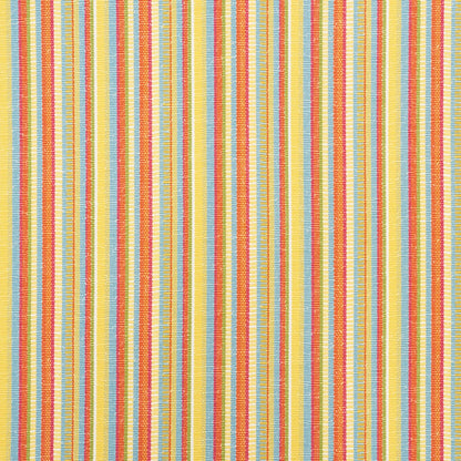 Colorful vertical striped fabric with thin multicolor lines in yellow, orange, red, blue, teal; textile for decor.