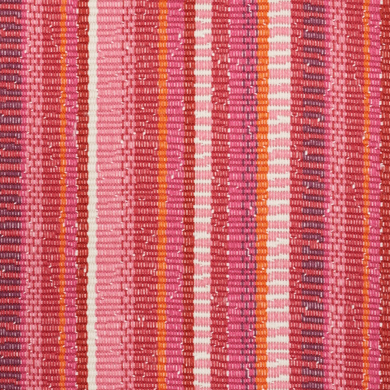 Woven fabric with narrow vertical stripes in pink, red, magenta & orange; warm striped textile.
