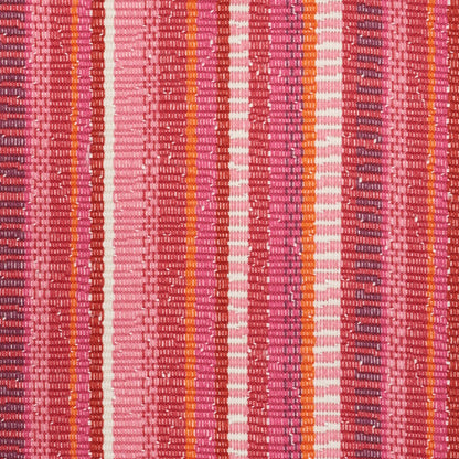 Woven fabric with narrow vertical stripes in pink, red, magenta & orange; warm striped textile.