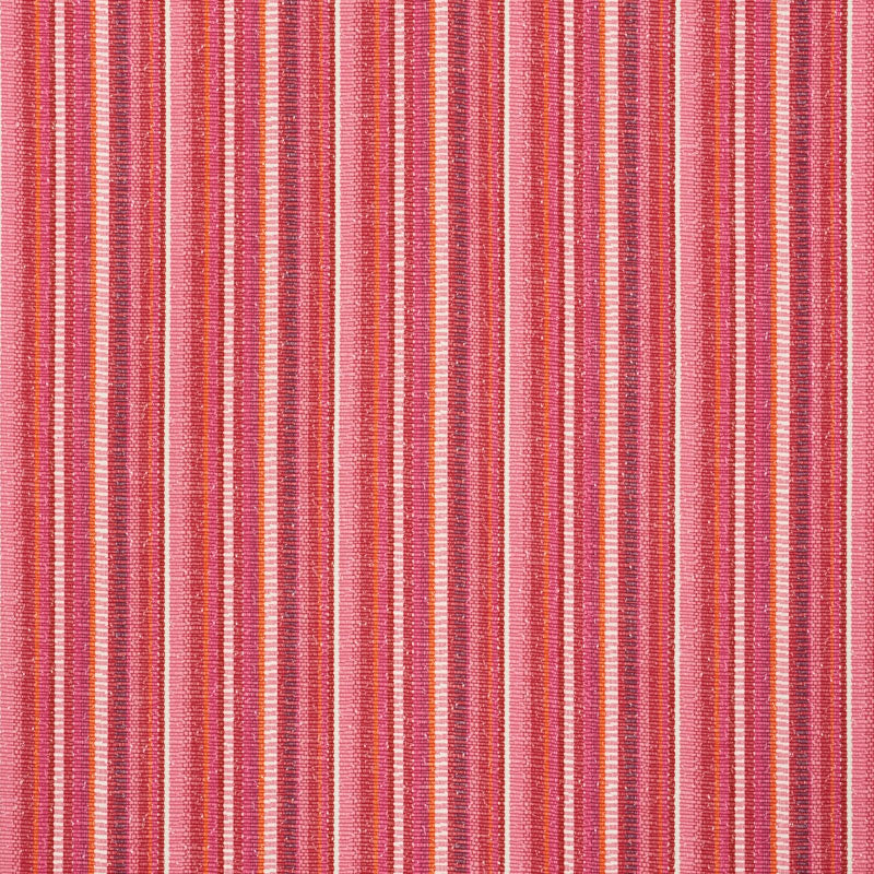 Pink striped woven fabric with vertical narrow and medium stripes in coral, rose, and orange tones.