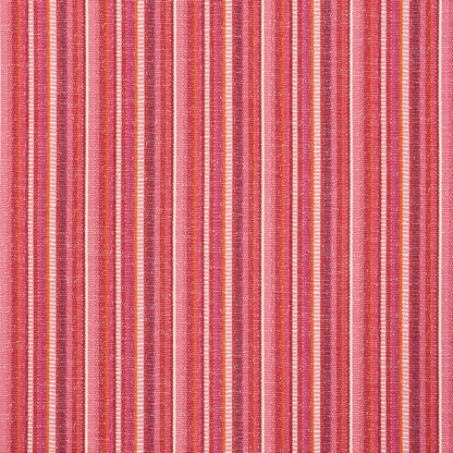 Pink striped woven fabric with vertical narrow and medium stripes in coral, rose, and orange tones.