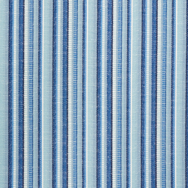 Blue striped woven fabric with alternating light & dark blue stripes, suitable for upholstery or curtains.