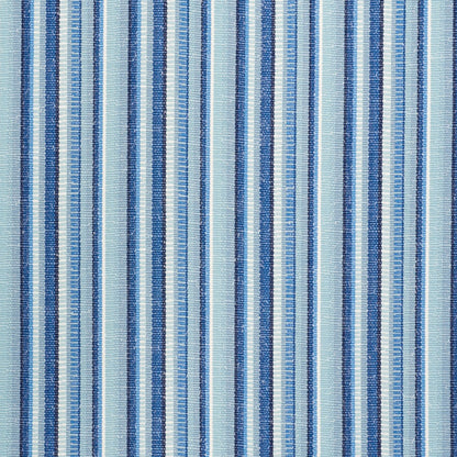 Blue striped woven fabric with alternating light & dark blue stripes, suitable for upholstery or curtains.