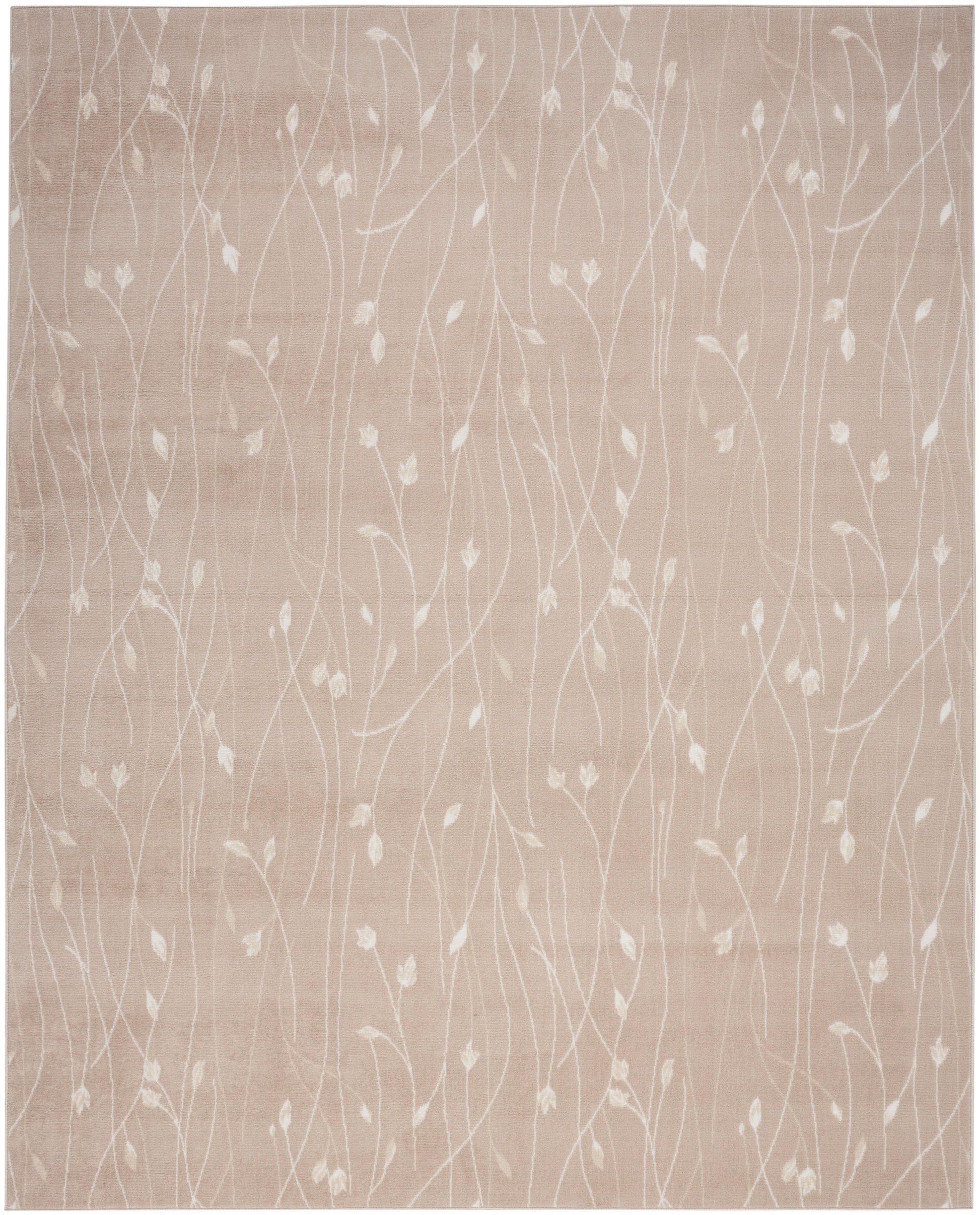 Soft beige rug featuring white botanical vines and tiny leaves for an airy, contemporary look.