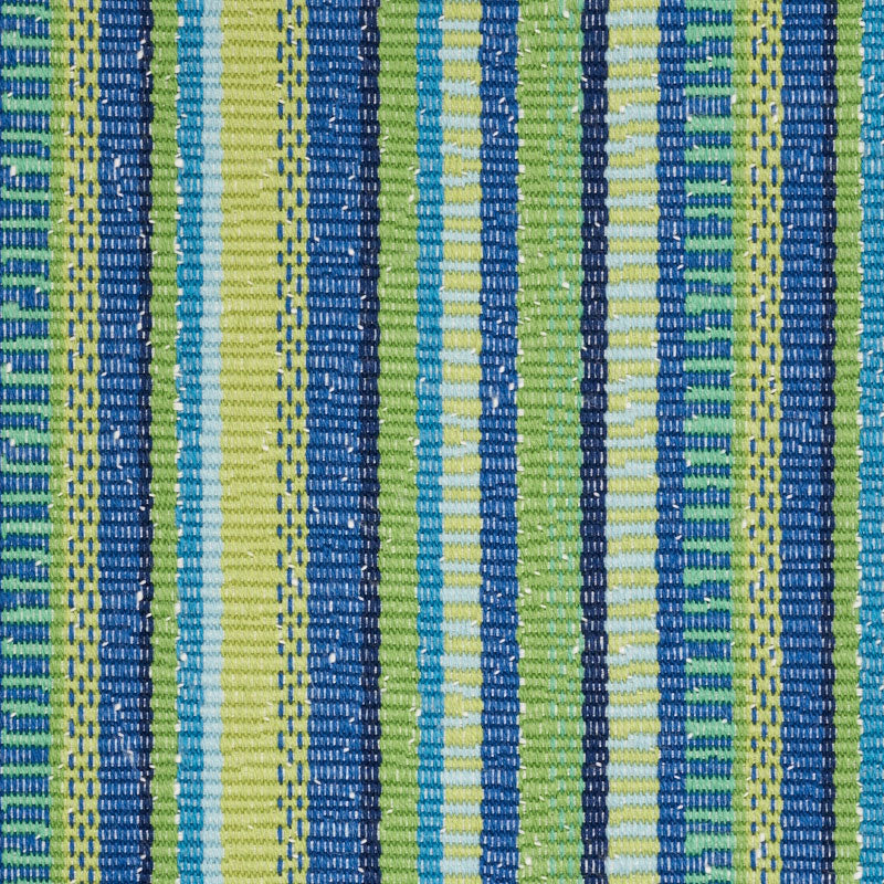 Striped woven fabric in blue, lime green, teal and pale yellow; vertical bands with textured weave.
