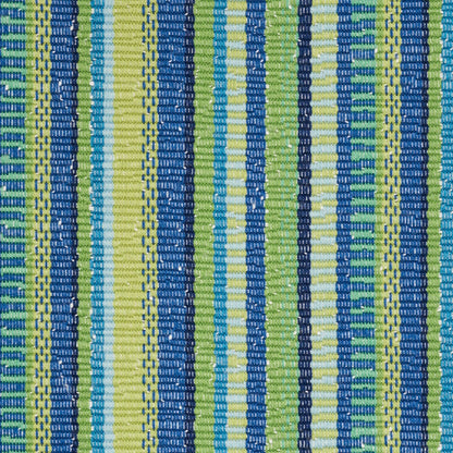 Striped woven fabric in blue, lime green, teal and pale yellow; vertical bands with textured weave.