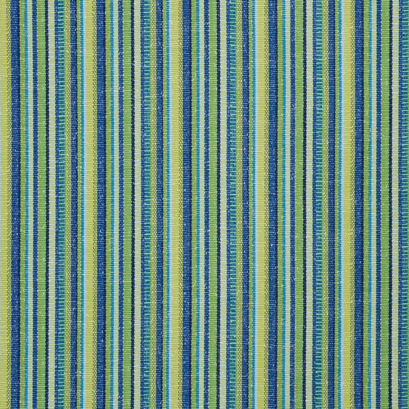 Vertical striped woven fabric in lime green and cobalt blue, textured upholstery textile.
