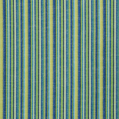 Vertical striped woven fabric in lime green and cobalt blue, textured upholstery textile.