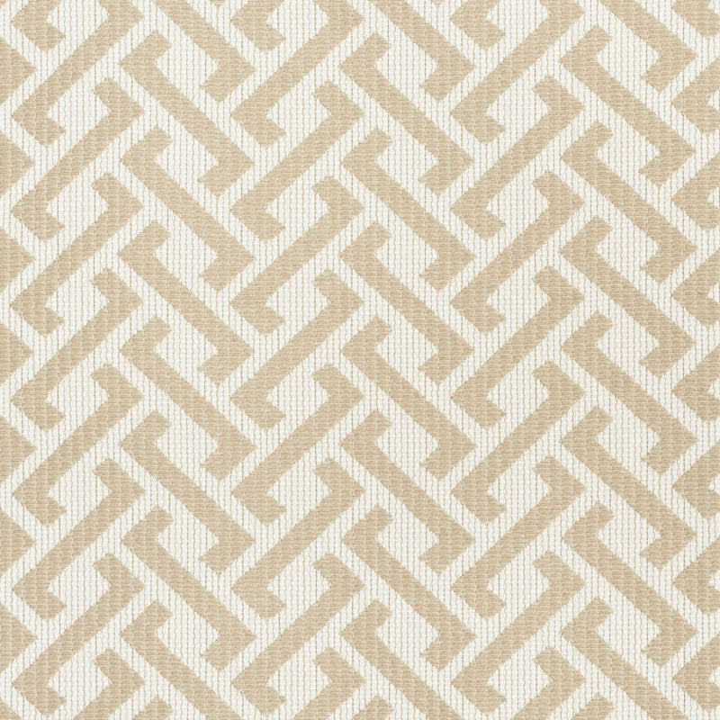 Beige and cream geometric lattice pattern with interlocking zigzag shapes, subtly textured wallpaper.