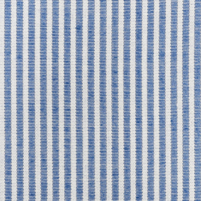 Blue and white vertical striped woven fabric; versatile for shirts or home decor.