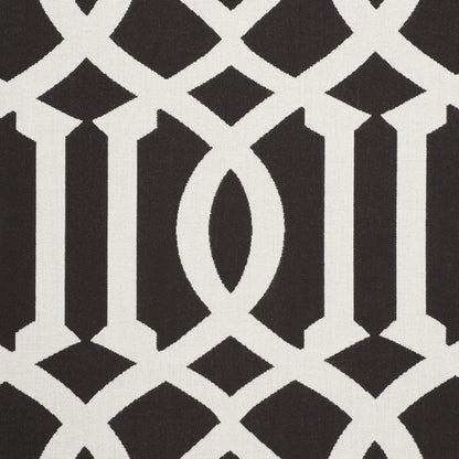 Black and white geometric lattice pattern with interlocking arches; bold damask-inspired textile print for upholstery.