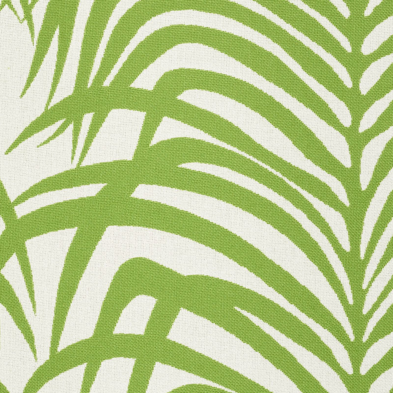 Lime green palm frond print on white fabric; tropical, botanical textile pattern.