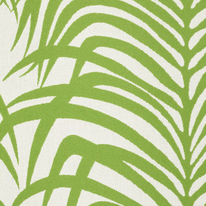Lime green palm frond print on white fabric; tropical, botanical textile pattern.