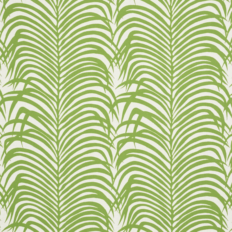 Tropical palm leaf wallpaper in lime green on beige, seamless vertical frond pattern for walls.
