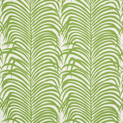 Tropical palm leaf wallpaper in lime green on beige, seamless vertical frond pattern for walls.
