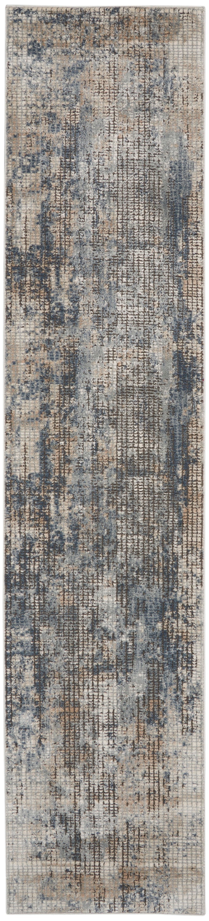 Distressed abstract rug runner in beige, gray and blue tones; mottled low-pile textile for modern casual spaces.