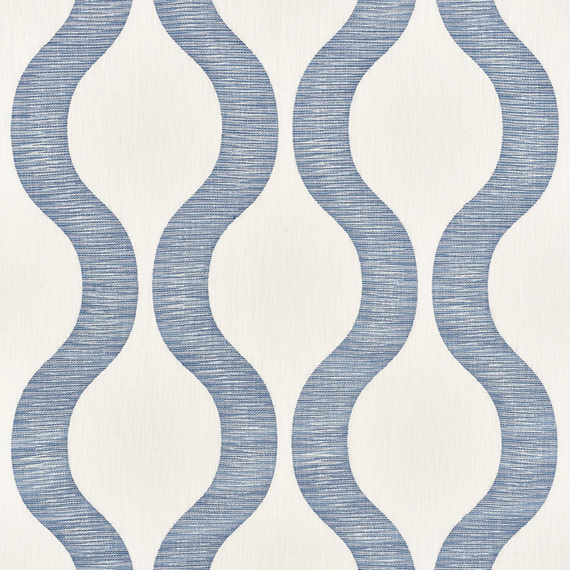 Blue wavy stripe wallpaper on cream backdrop with textured vertical undulating bands.