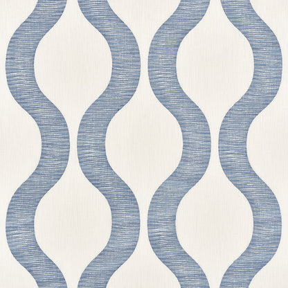 Blue wavy stripe wallpaper on cream backdrop with textured vertical undulating bands.