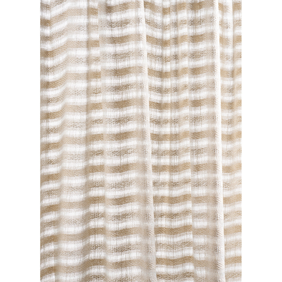 Beige and ivory striped textured fabric with soft drape, linen curtain textile.